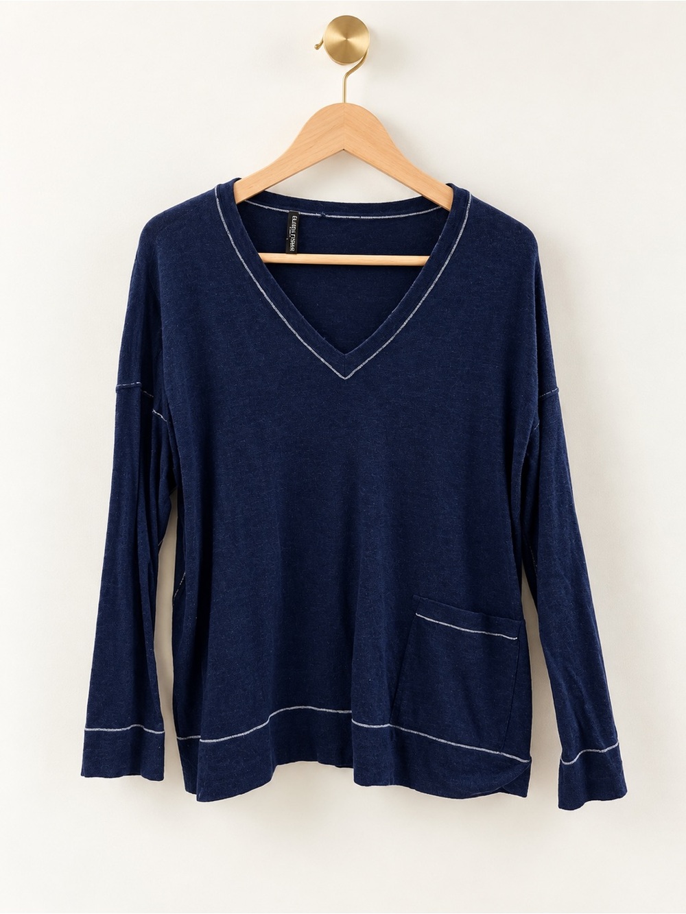 Eileen Fisher Woman Navy Blue Merino Wool Alpaca Tencel V-Neck Sweater Top